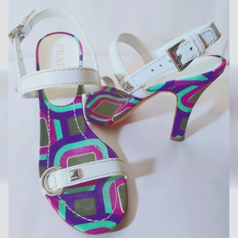 PRADA White Leather/Woven Multi-Colored Geometric Hi-Heel Sandals Women's 36